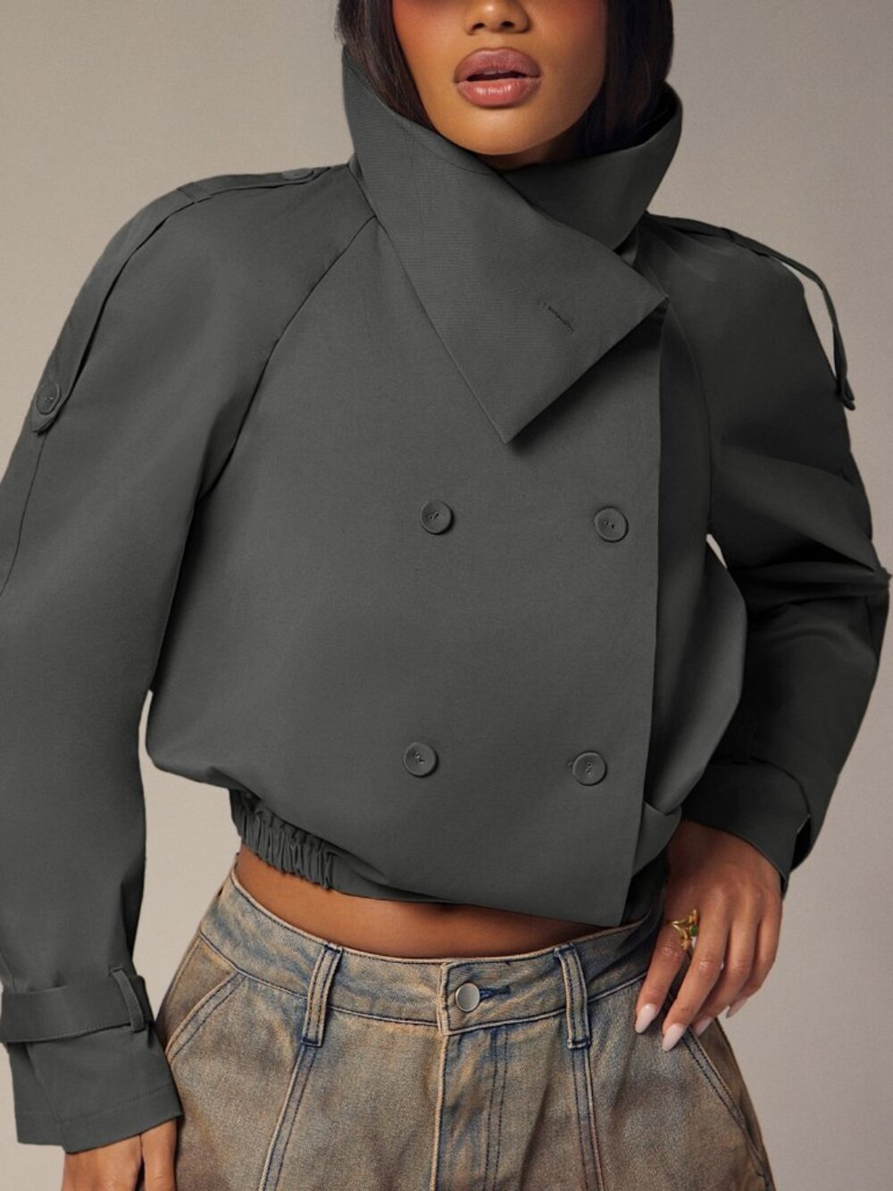 Grey Casual Women's Plain Double Breasted Raglan Sleeve Collar Short Jacket